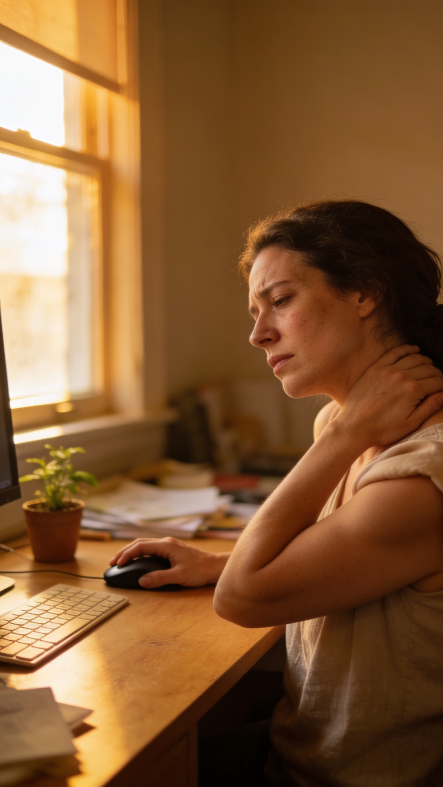 Woman at desk holding her neck in discomfort
