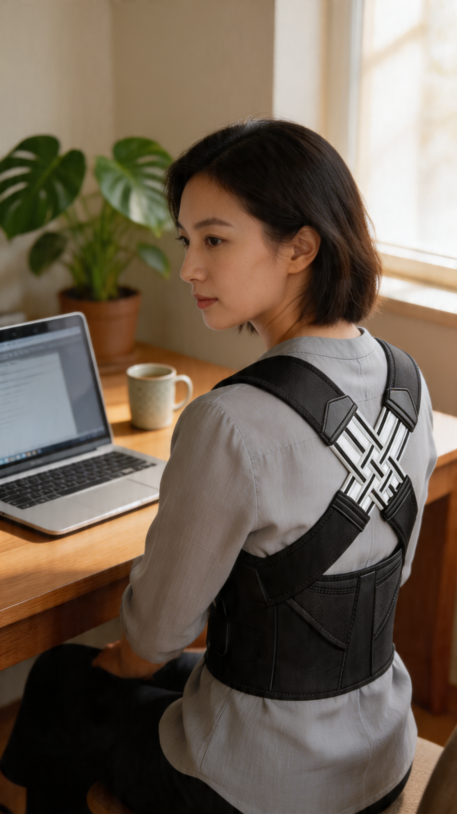 Woman wearing posture corrector at desk