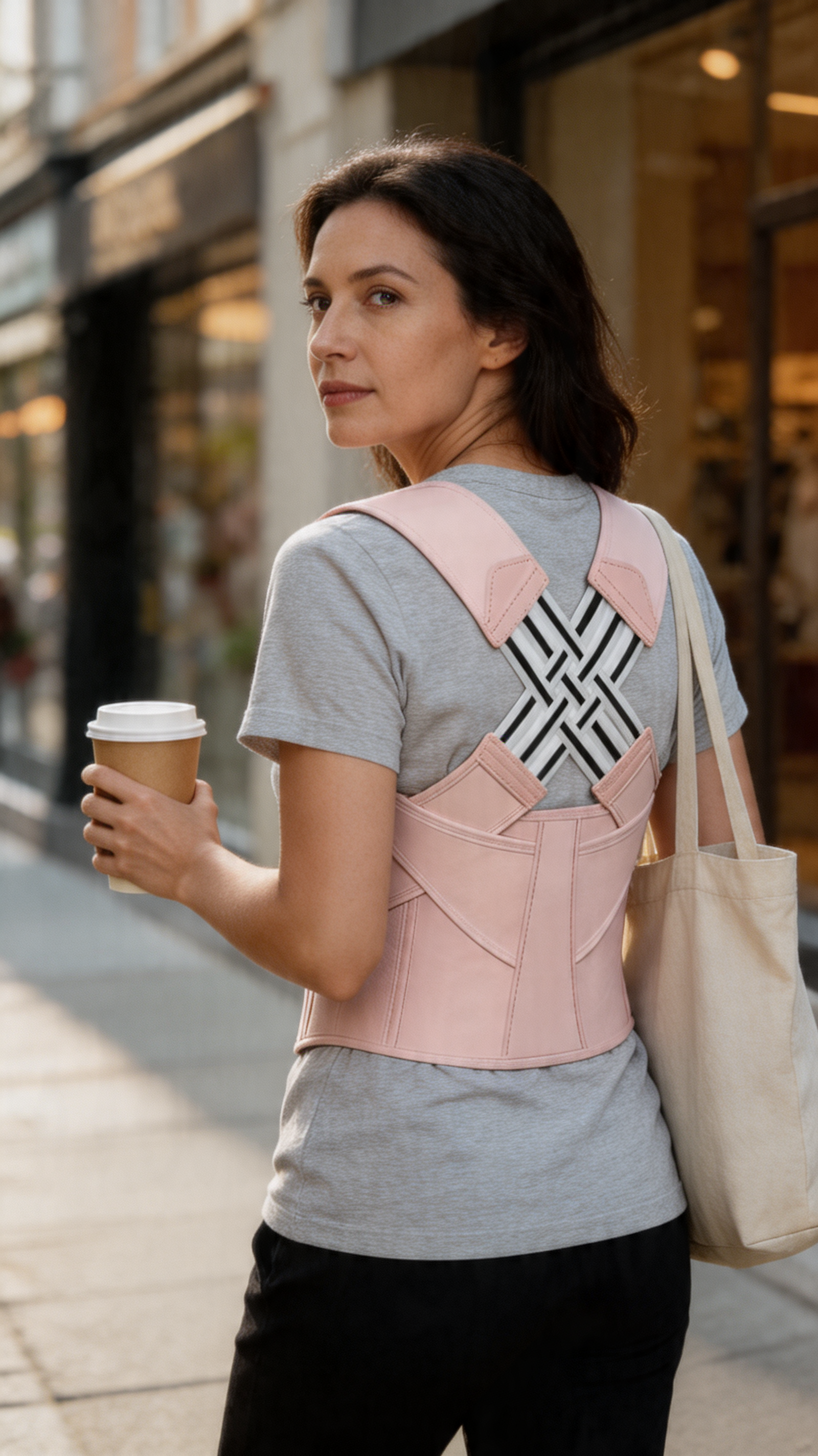 Woman wearing posture corrector while out running errands
